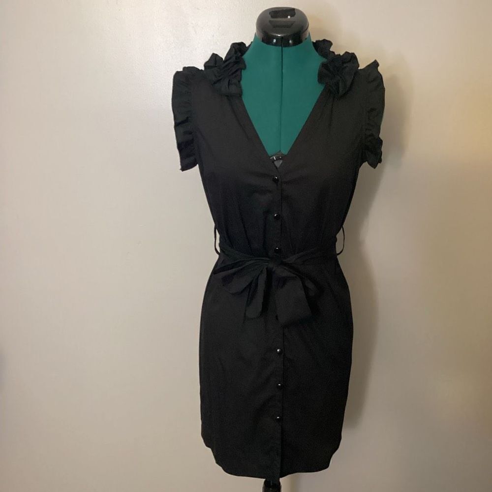 Chequer Ruffled Shirt dress Black button front tie waist Size 0 Professional Off